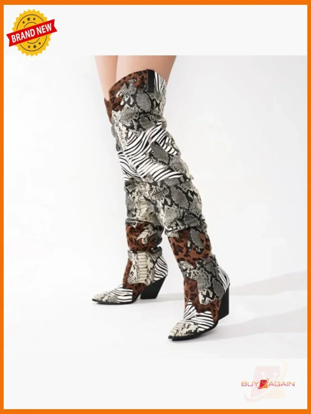 Thigh High Cowboy Boots Chunky Heel Faux Snakeskin Western Booties